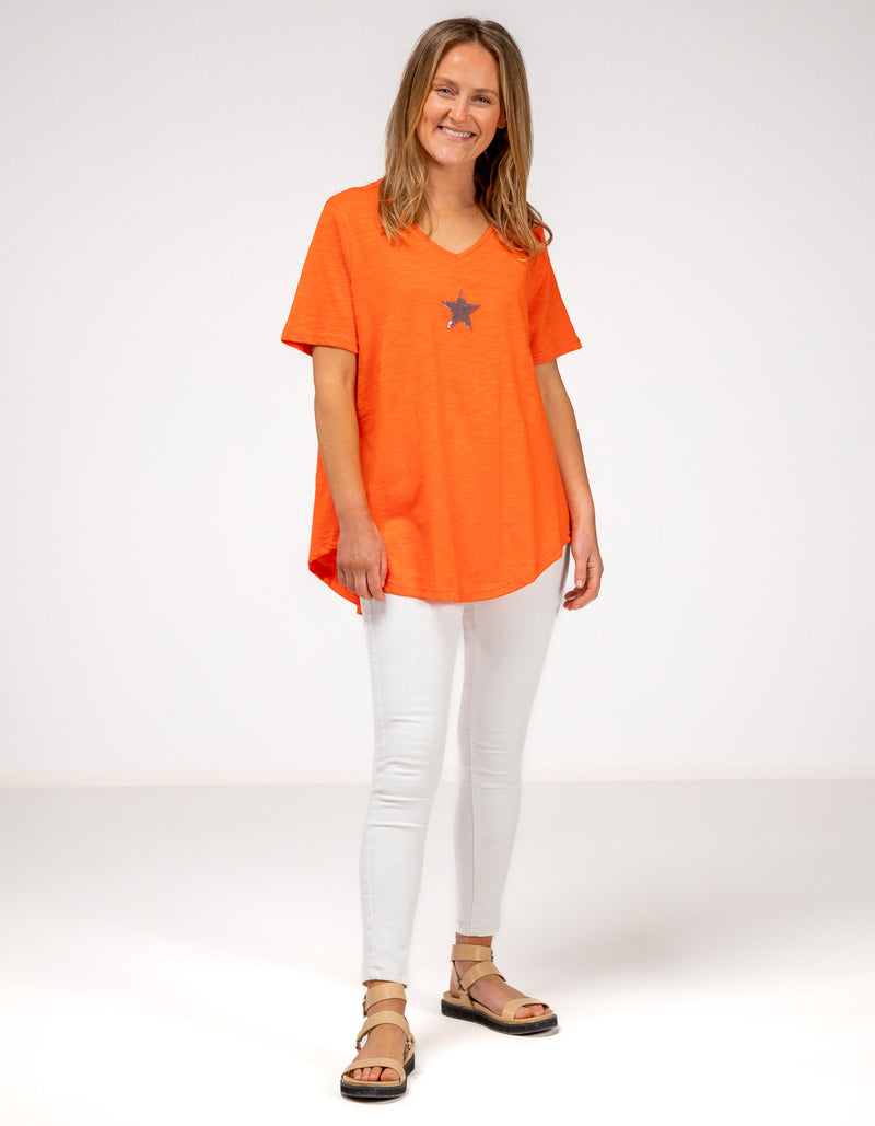 Ella V Neck Cotton Tee in Papaya