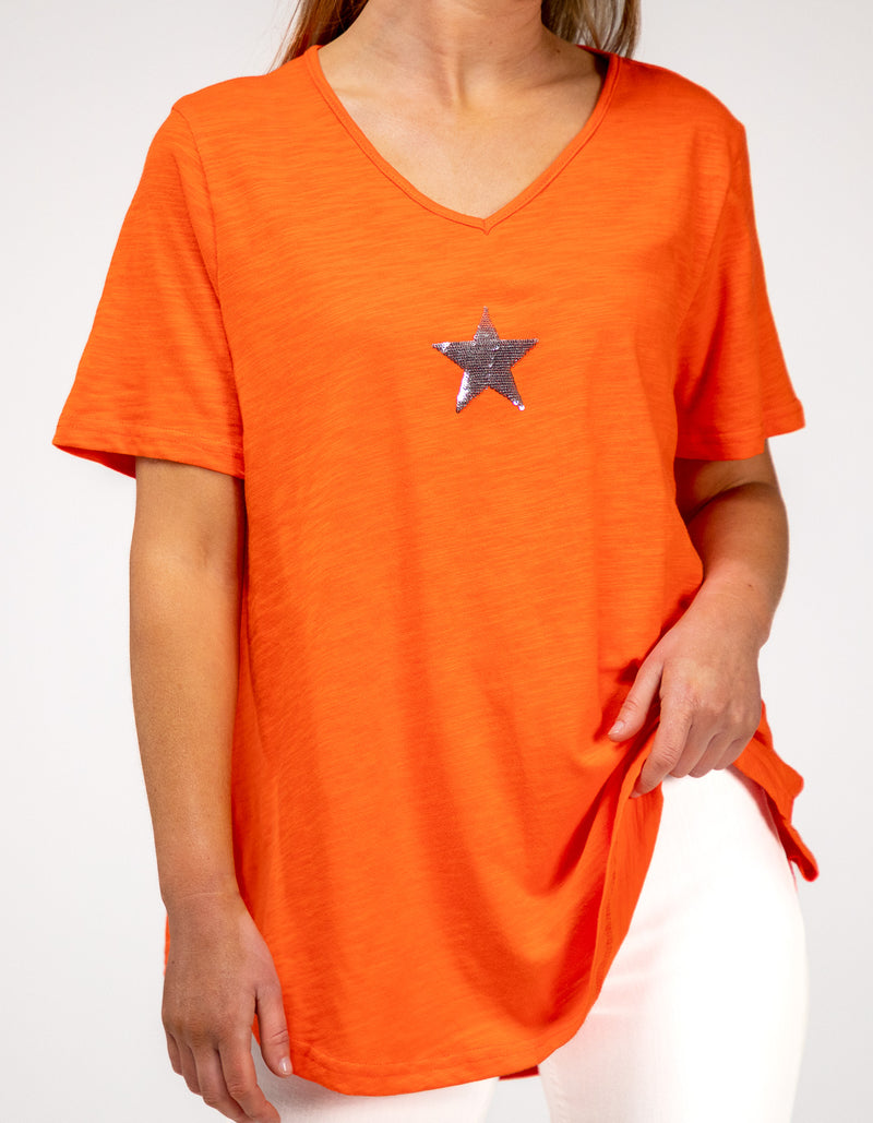 Ella V Neck Cotton Tee in Papaya