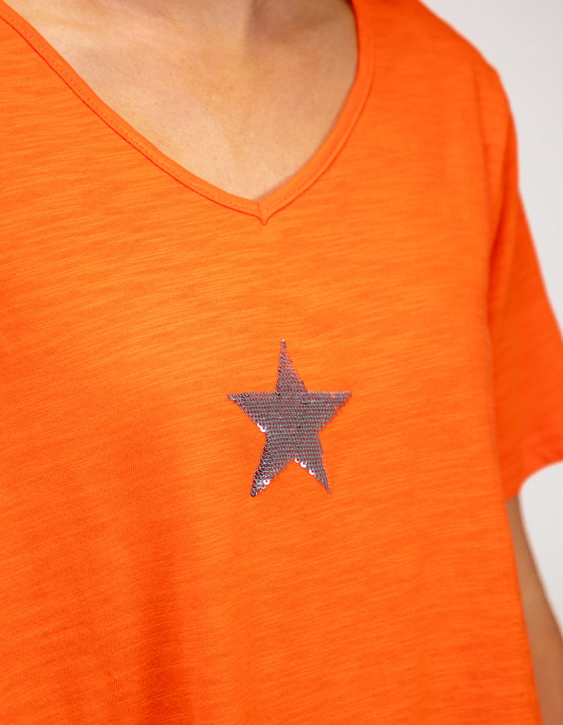 Ella V Neck Cotton Tee in Papaya