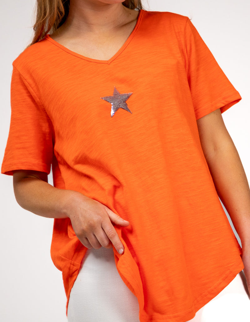 Ella V Neck Cotton Tee in Papaya