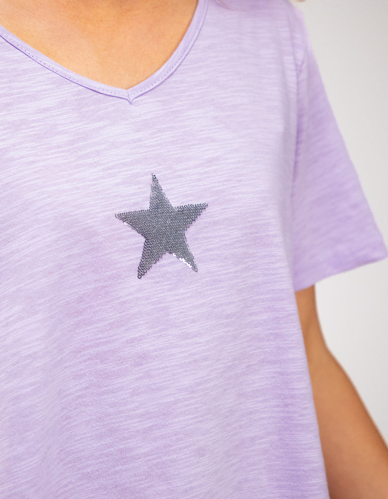 Ella V Neck Cotton Tee in Lilac