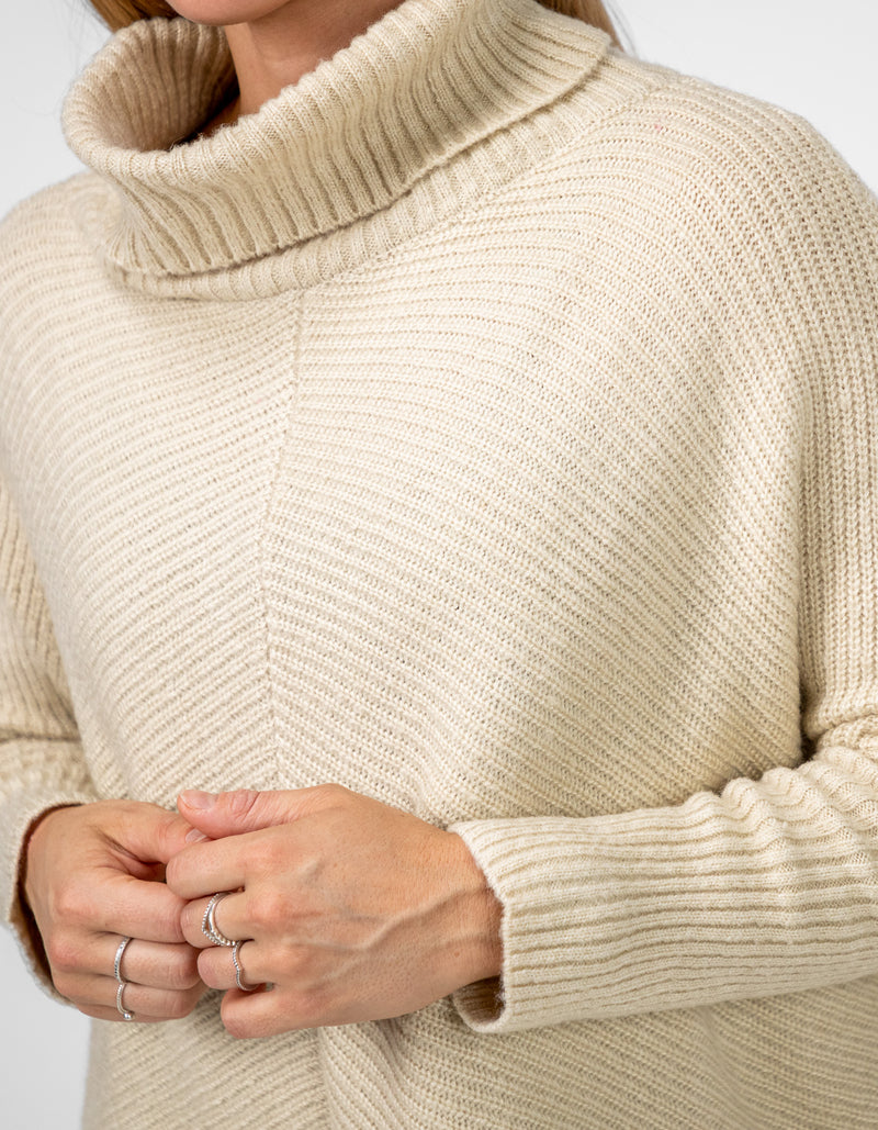 Parker Roll Neck Rib Knit Jumper in Beige