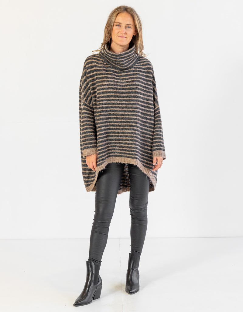 Monika Oversize Knit Jumper in Black/Mocha Stripe