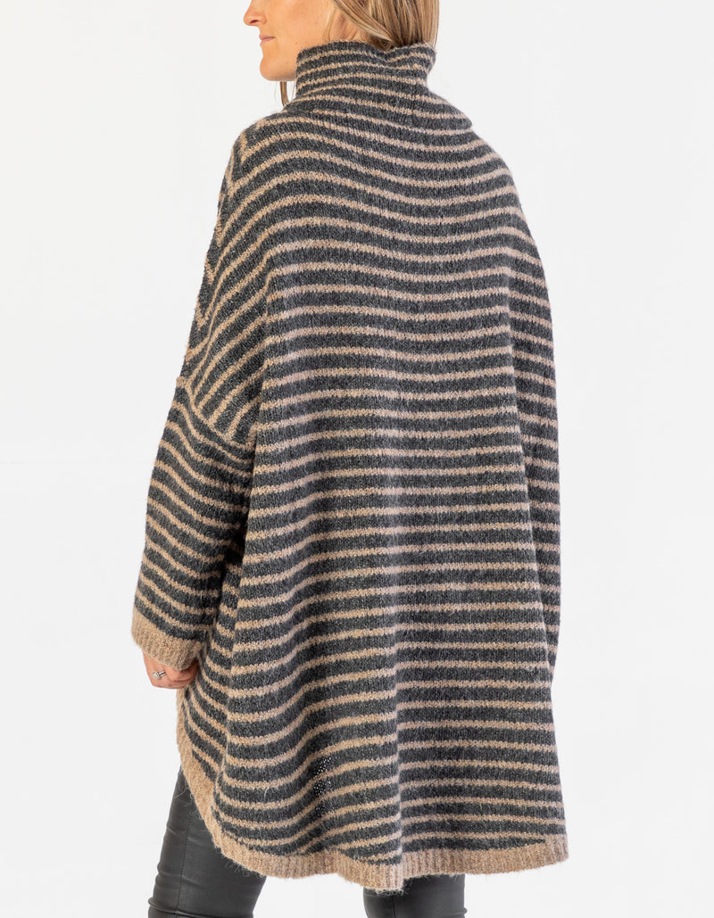 Monika Oversize Knit Jumper in Black/Mocha Stripe