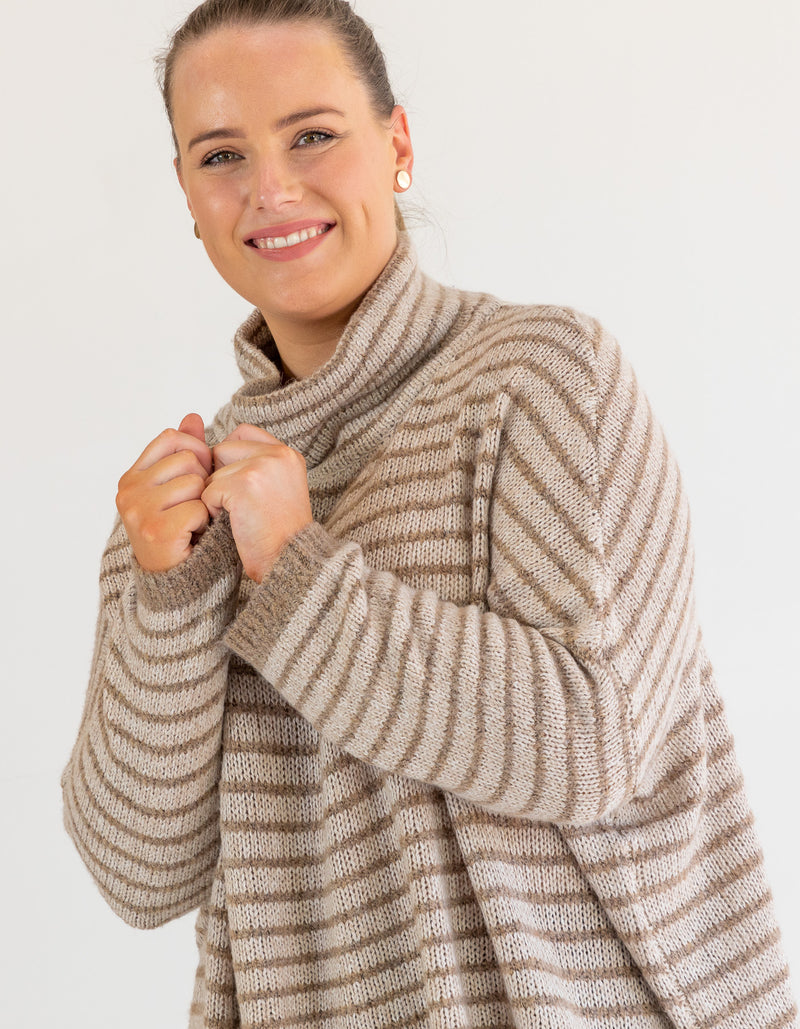 Monika Oversize Knit Jumper in Beige/Mocha Stripe