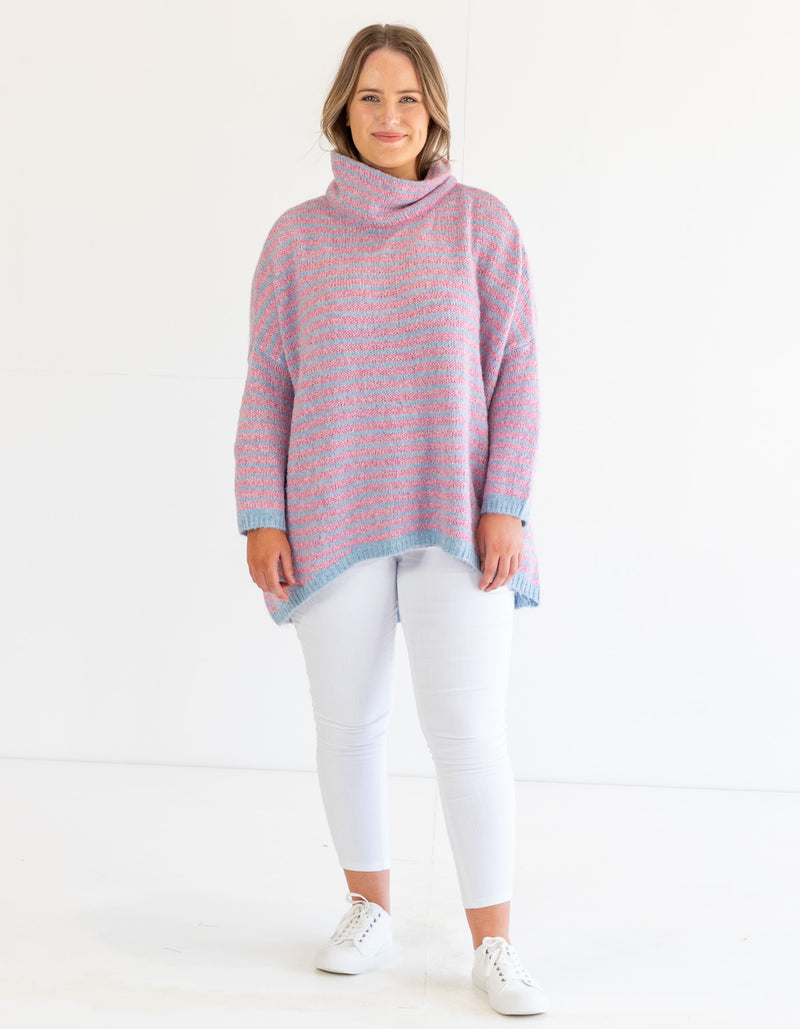 Monika Oversize Knit Jumper in Pink/Blue Stripe