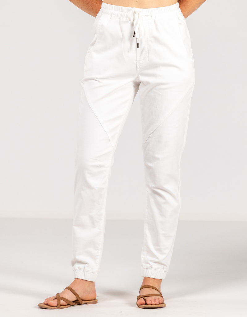 Blake Elastic Waist Denim Jogger Pants in White