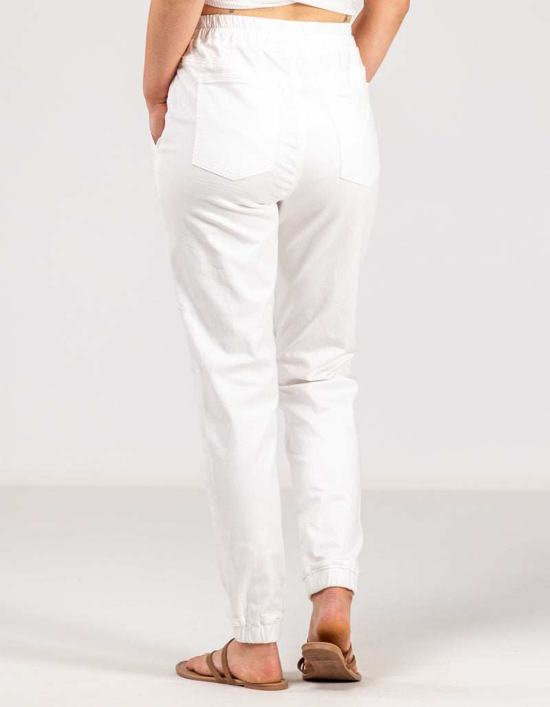 Blake Elastic Waist Denim Jogger Pants in White
