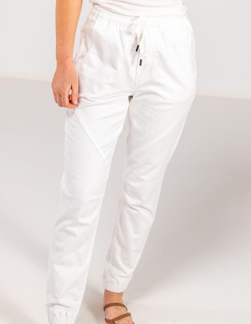 Blake Elastic Waist Denim Jogger Pants in White