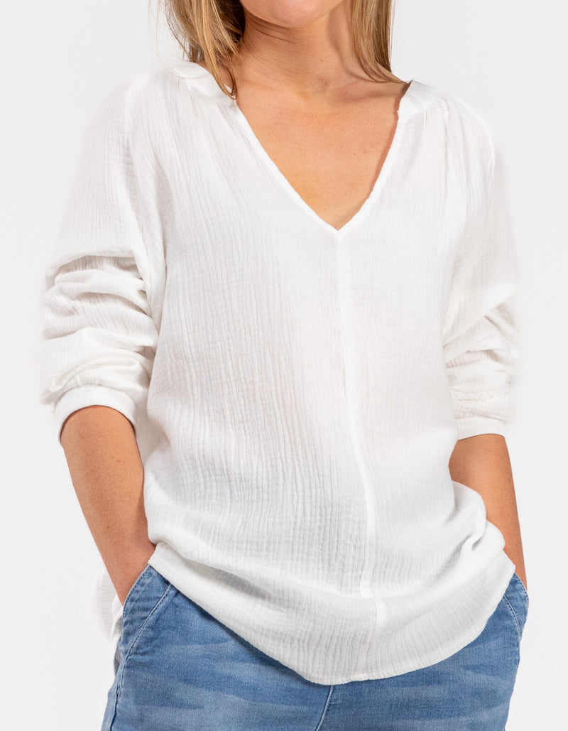 Shiloh Muslin Cotton V-Neck Blouse in White