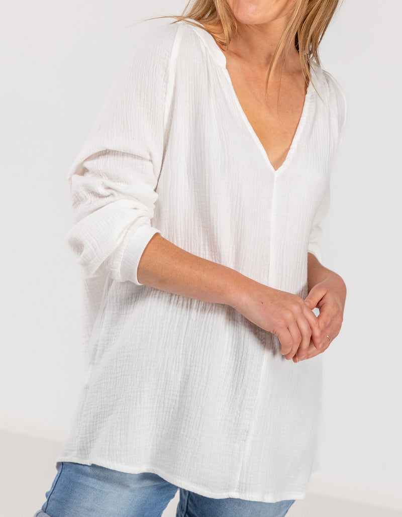 Shiloh Muslin Cotton V-Neck Blouse in White