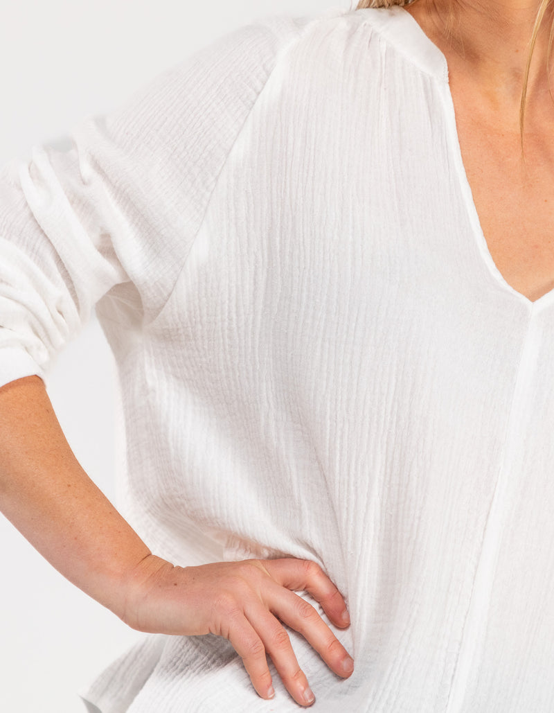 Shiloh Muslin Cotton V-Neck Blouse in White