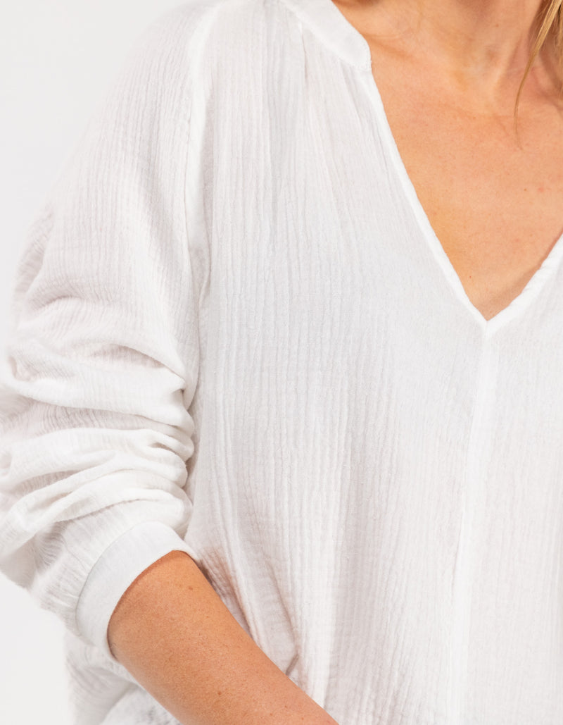Shiloh Muslin Cotton V-Neck Blouse in White