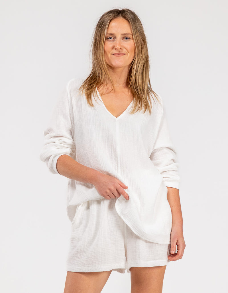 Shiloh Muslin Cotton V-Neck Blouse in White