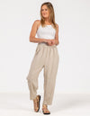 Paula Elastic Waist Soft Tapered Linen Pants in Beige