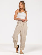 Paula Elastic Waist Soft Tapered Linen Pants in Beige