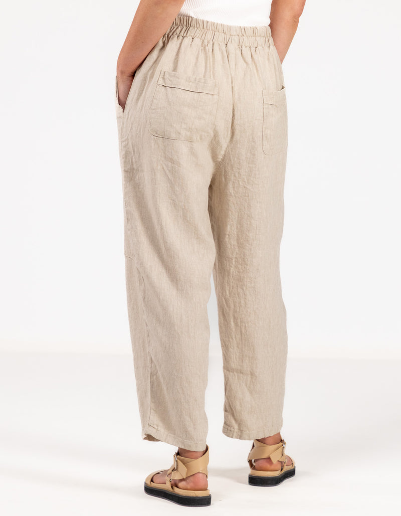 Paula Elastic Waist Soft Tapered Linen Pants in Beige