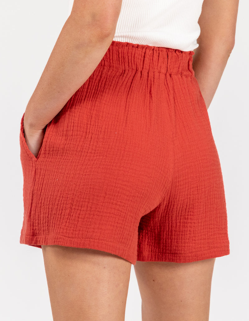 Shiloh Muslin Cotton Elastic Waist Shorts in Clay