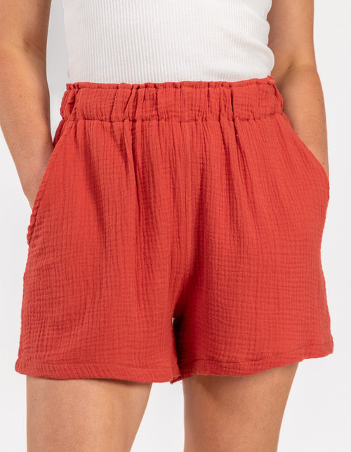 Shiloh Muslin Cotton Elastic Waist Shorts in Clay