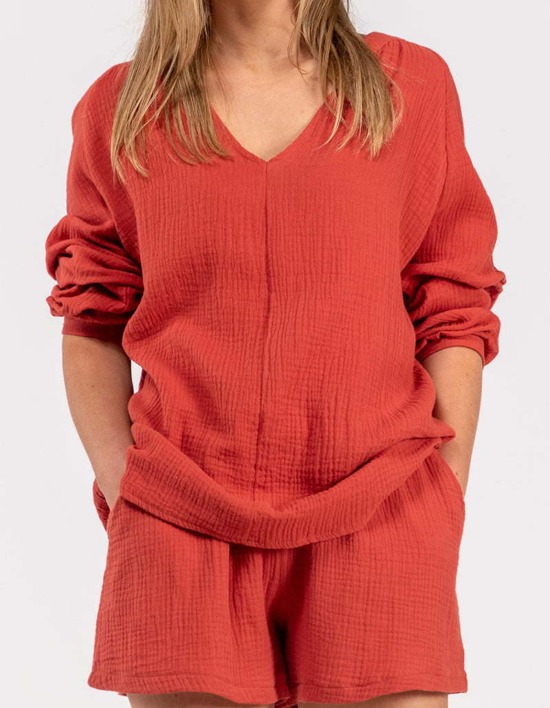 Shiloh Muslin Cotton V-Neck Blouse in Clay