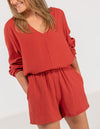 Shiloh Muslin Cotton V-Neck Blouse in Clay