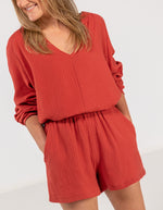 Shiloh Muslin Cotton V-Neck Blouse in Clay