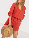 Shiloh Muslin Cotton V-Neck Blouse in Clay