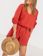 Shiloh Muslin Cotton V-Neck Blouse in Clay