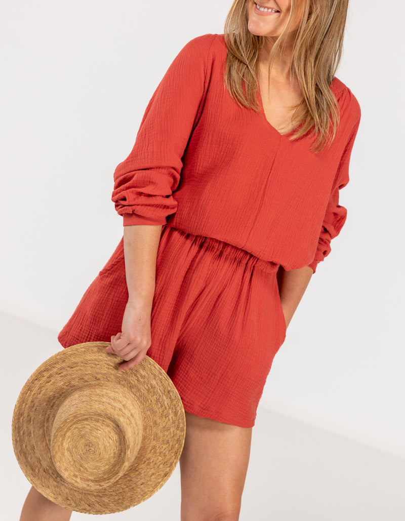 Shiloh Muslin Cotton V-Neck Blouse in Clay