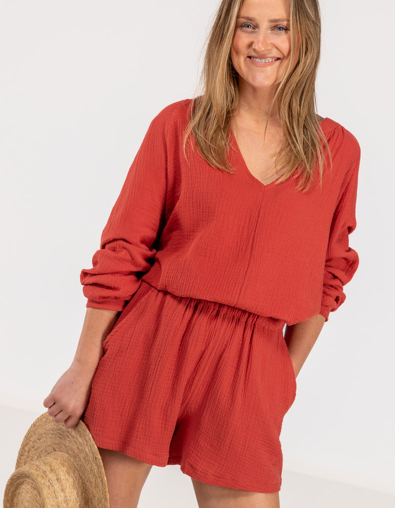 Shiloh Muslin Cotton V-Neck Blouse in Clay