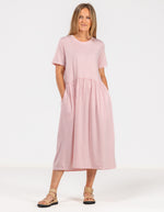 Kara Crew Neck Cotton Tee Dress in Pink Stripe