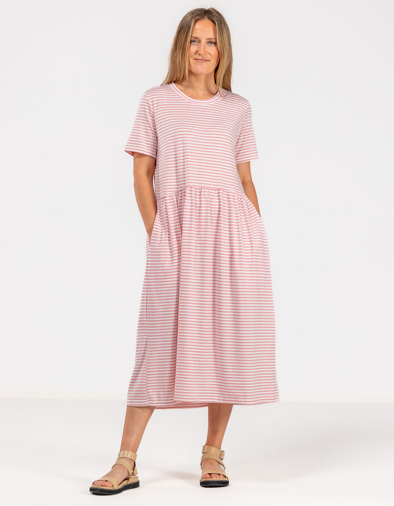 Kara Crew Neck Cotton Tee Dress in Pink Stripe