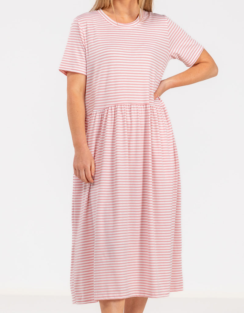 Kara Crew Neck Cotton Tee Dress in Pink Stripe