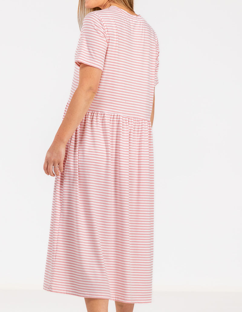 Kara Crew Neck Cotton Tee Dress in Pink Stripe