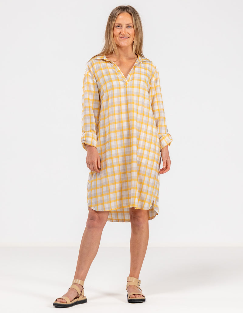 Kallie Cotton Shirt Dress in Yellow Check