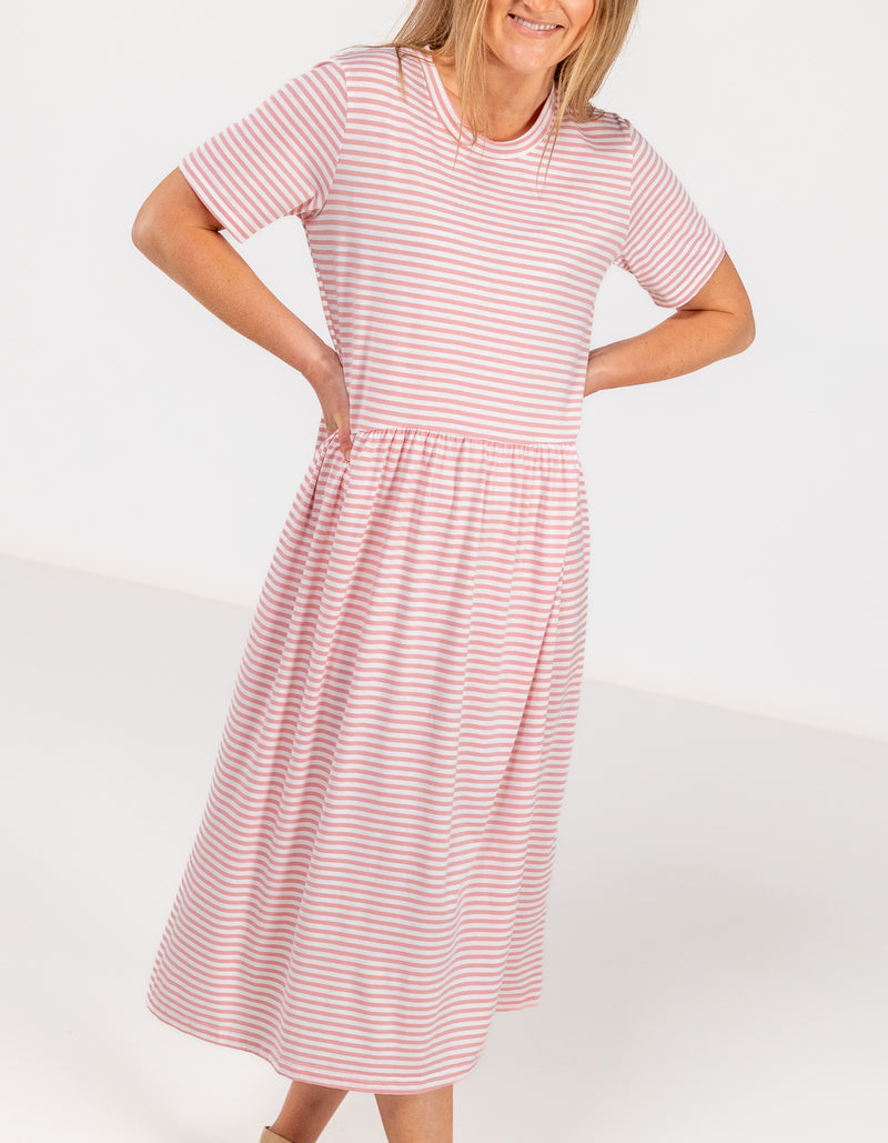 Kara Crew Neck Cotton Tee Dress in Pink Stripe