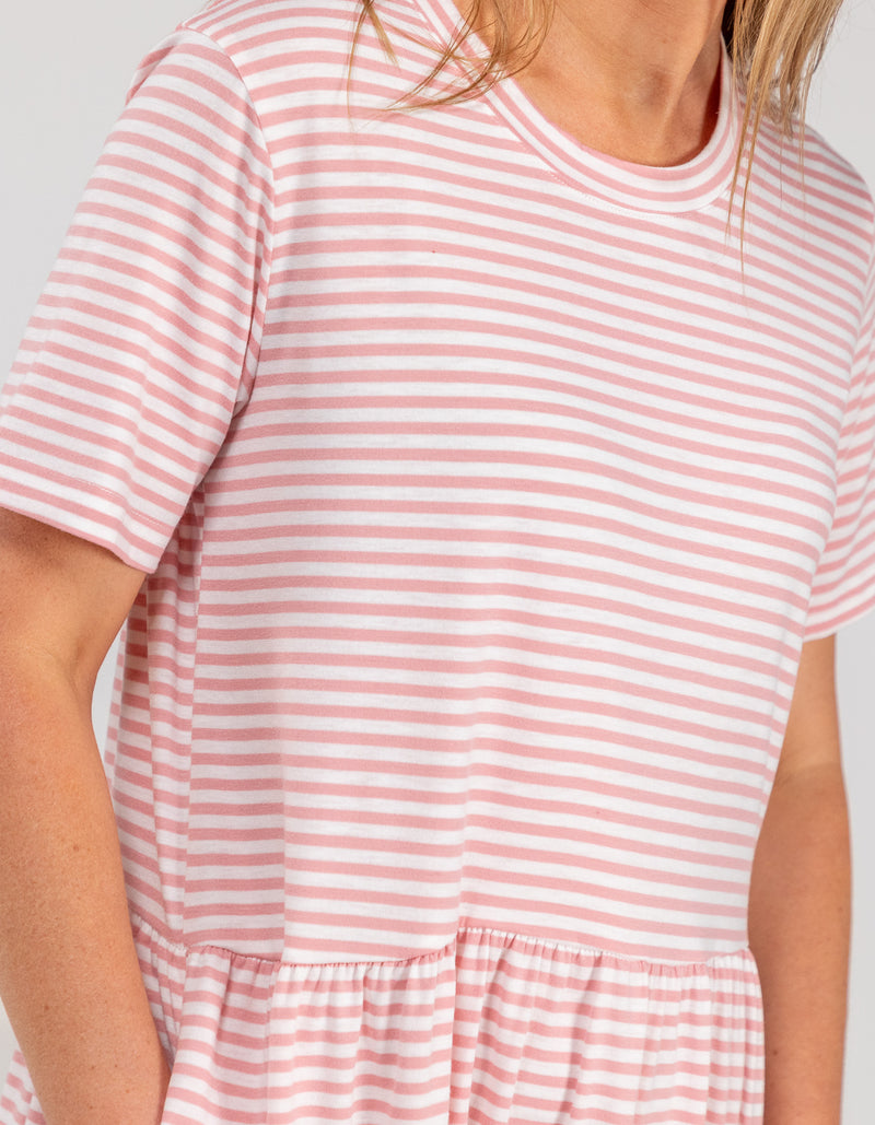 Kara Crew Neck Cotton Tee Dress in Pink Stripe