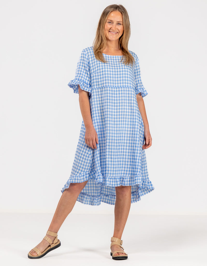 Willa Ruffle Hem Dress in Blue Gingham
