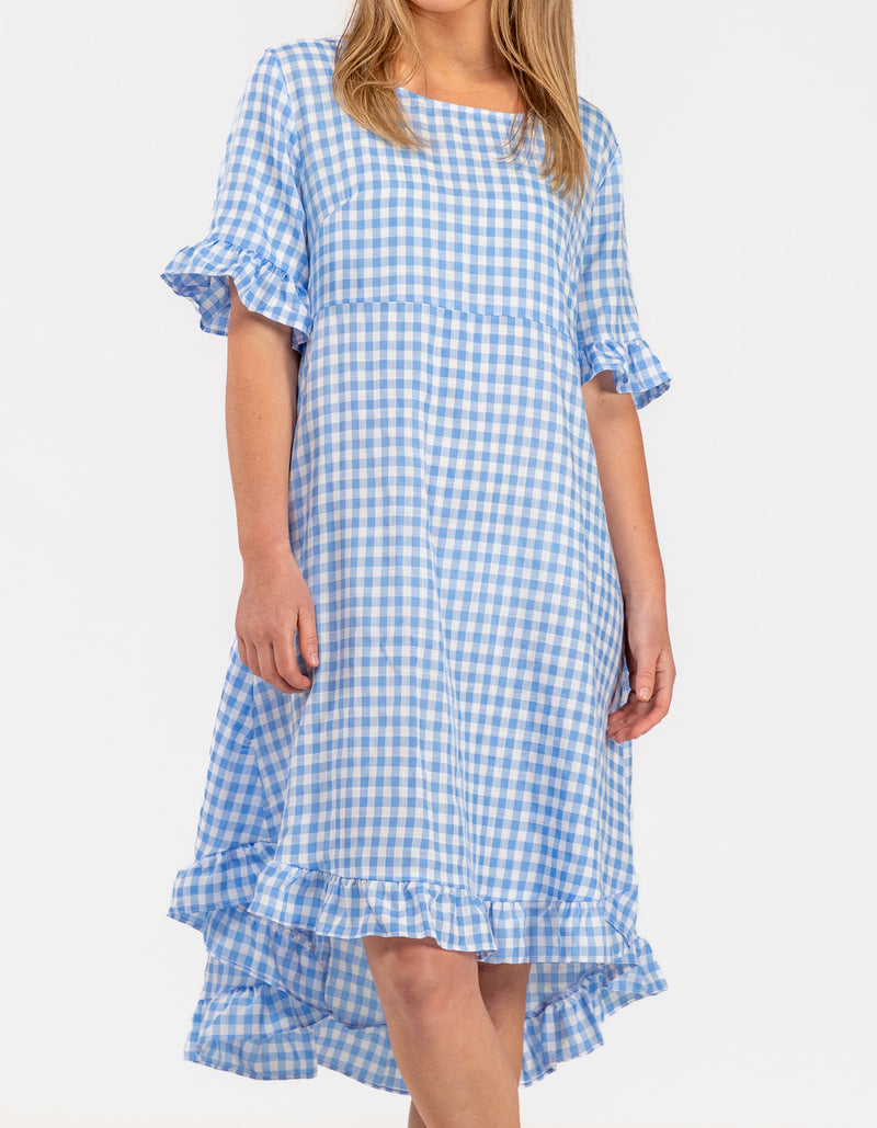 Willa Ruffle Hem Dress in Blue Gingham