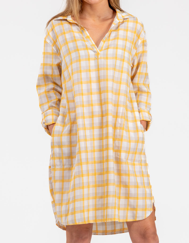 Kallie Cotton Shirt Dress in Yellow Check