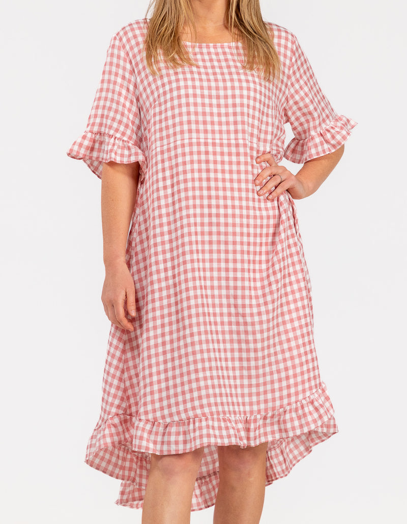 Willa Ruffle Hem Dress in Pink Gingham