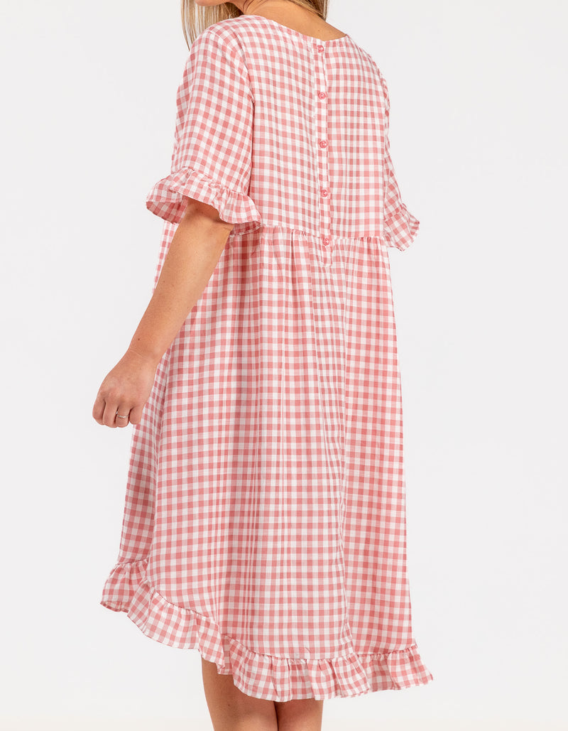 Willa Ruffle Hem Dress in Pink Gingham