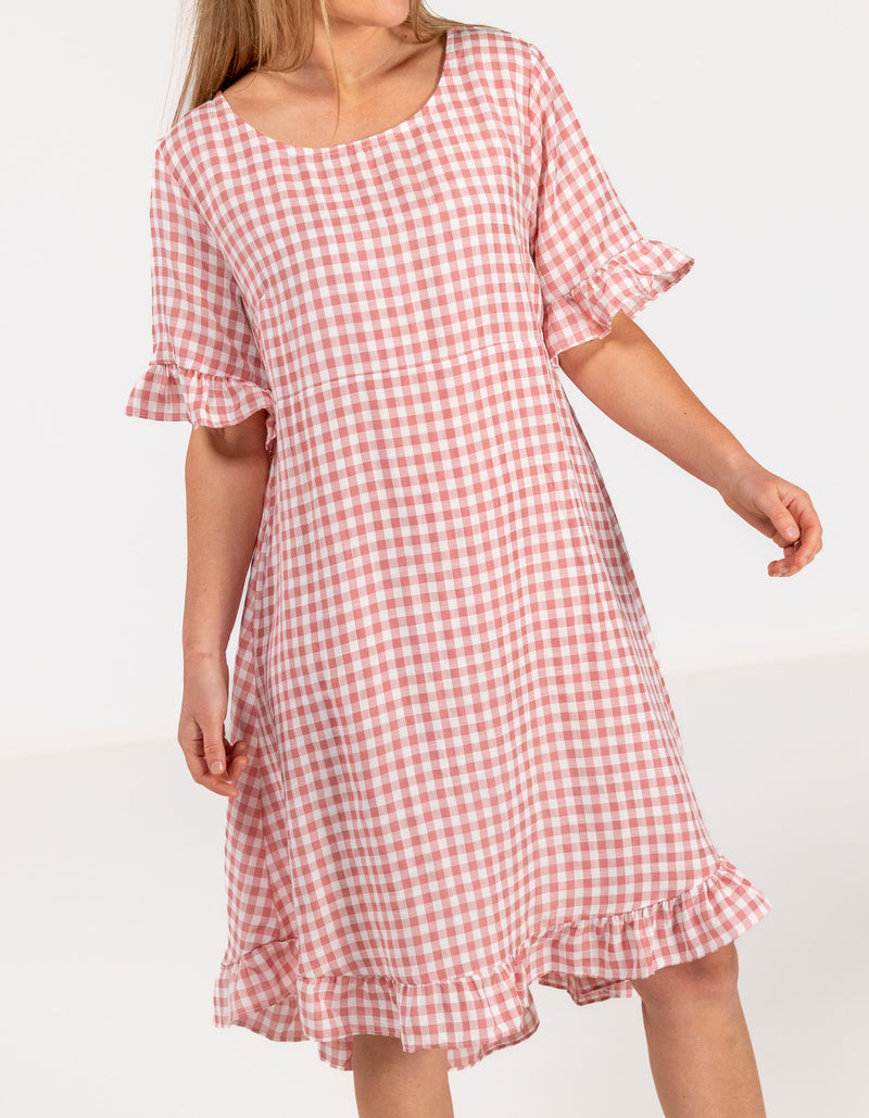 Willa Ruffle Hem Dress in Pink Gingham