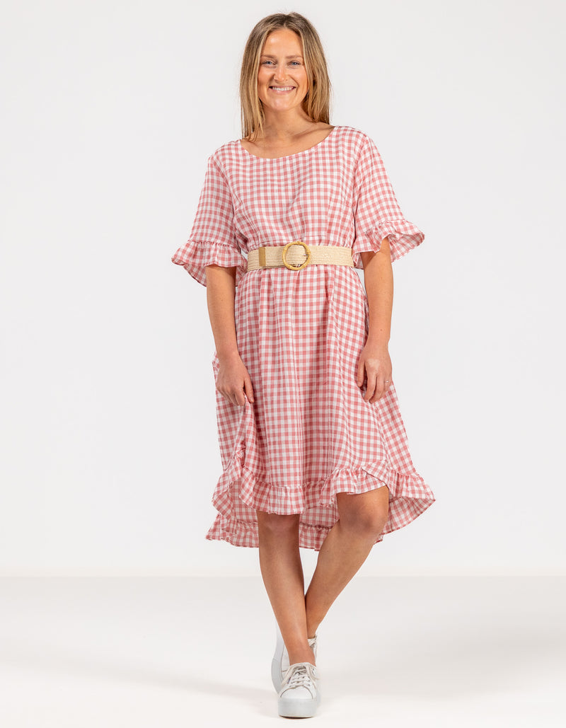 Willa Ruffle Hem Dress in Pink Gingham