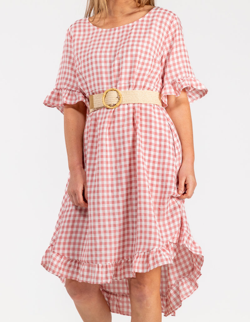 Willa Ruffle Hem Dress in Pink Gingham