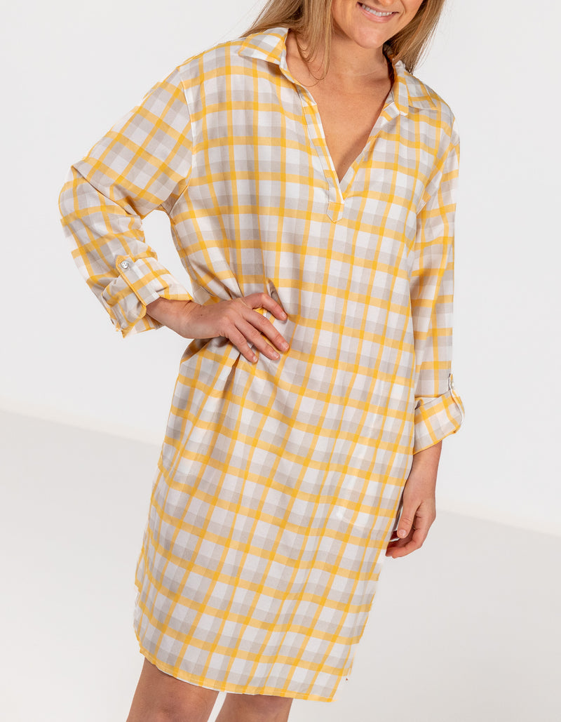 Kallie Cotton Shirt Dress in Yellow Check