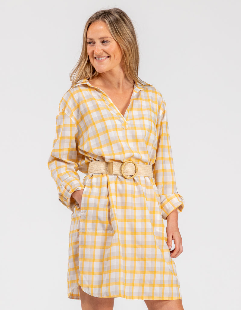 Kallie Cotton Shirt Dress in Yellow Check