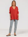 Shiloh Muslin Cotton V-Neck Blouse in Clay