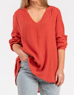 Shiloh Muslin Cotton V-Neck Blouse in Clay