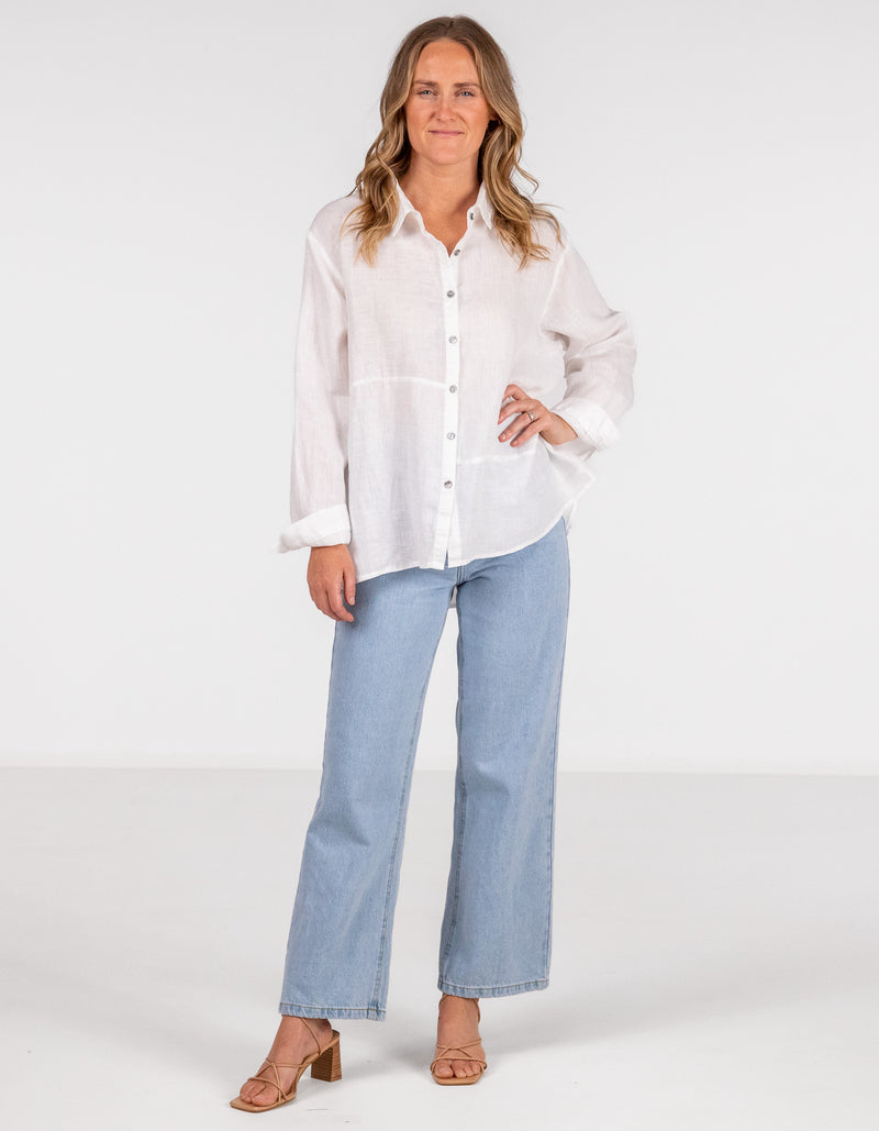 Charlie Long Sleeve Button Front Shirt in White Linen